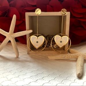 Dangle White Heart Evil Eye Hoop Earrings